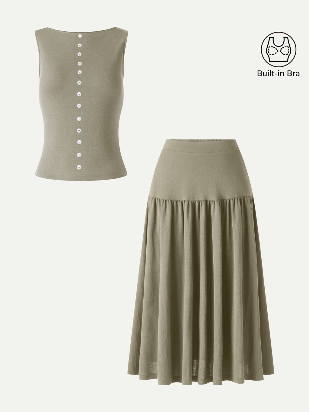OGLmove 2Pcs Set Cropped Bra Top & Midi Skirt with Pockets