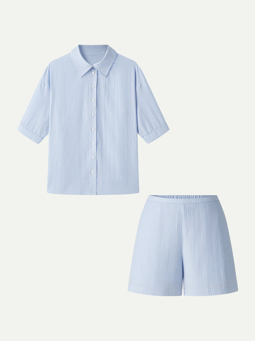 OGLmove BreezeEasy Striped 2-Piece Collared Shirt and Shorts Set