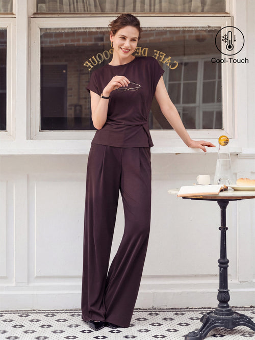 OGLmove 2Pcs Round Neck Tucked Top & Wide Leg Success Pants Set