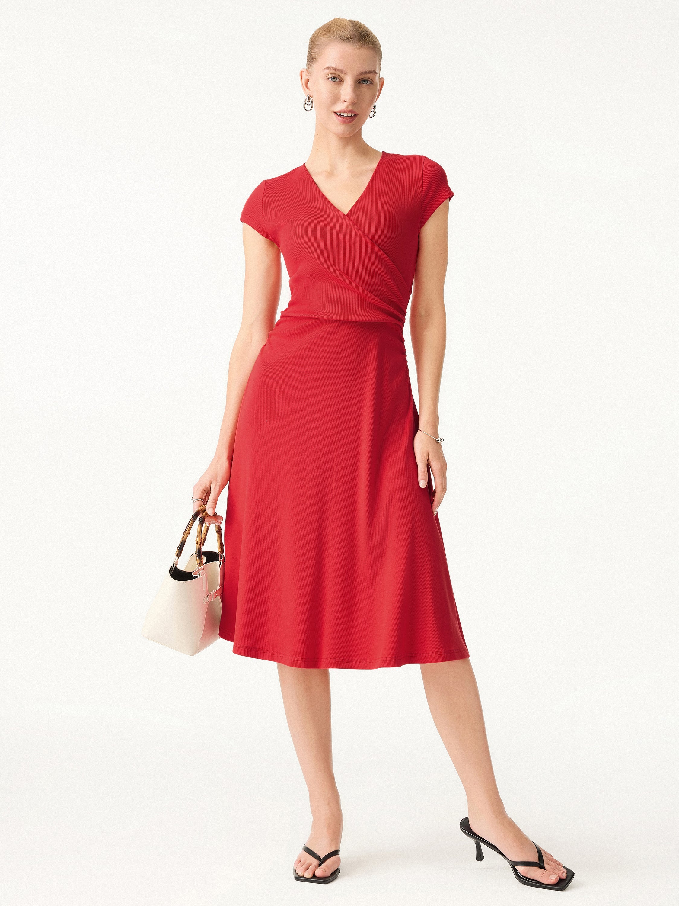 OGLmove Stretch Cotton Surplice V-Neck Cap Sleeve Midi Dress