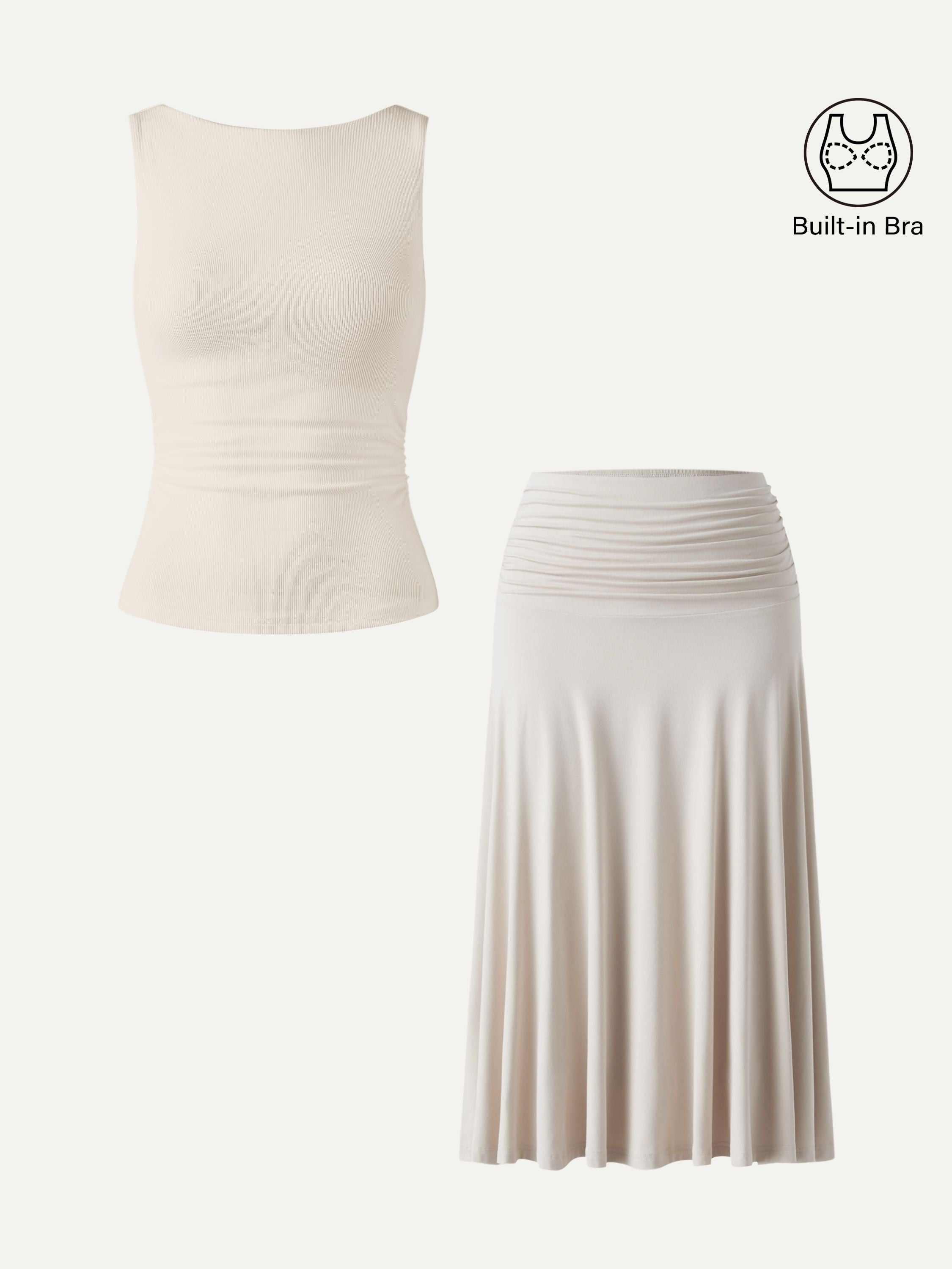 OGLmove Open Back Bra Tank & Side Ruched A-Line Midi Skirt Set