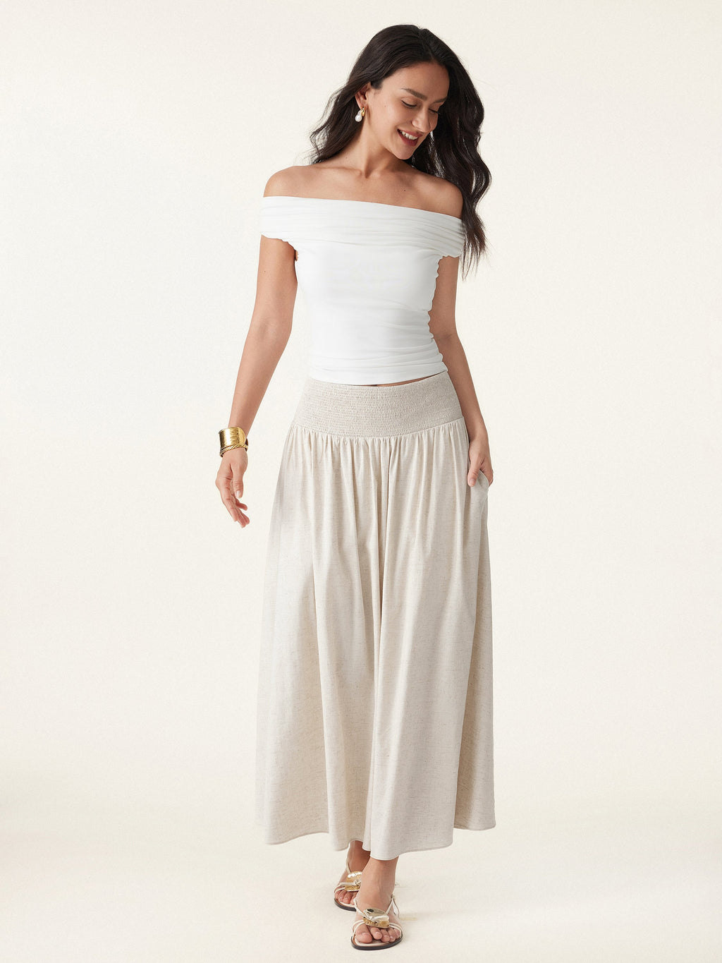 OGLmove European Linen Smocked Waist Skirt With Pockets