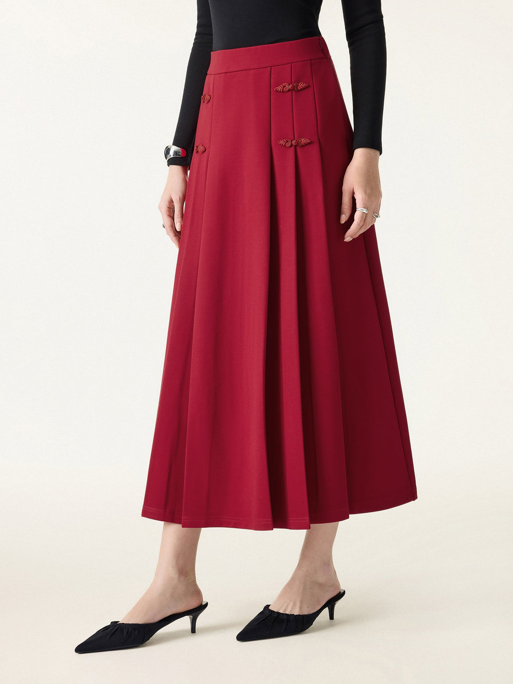 OGLmove Pleated Frog Button Decor A-Line Midi Skirt