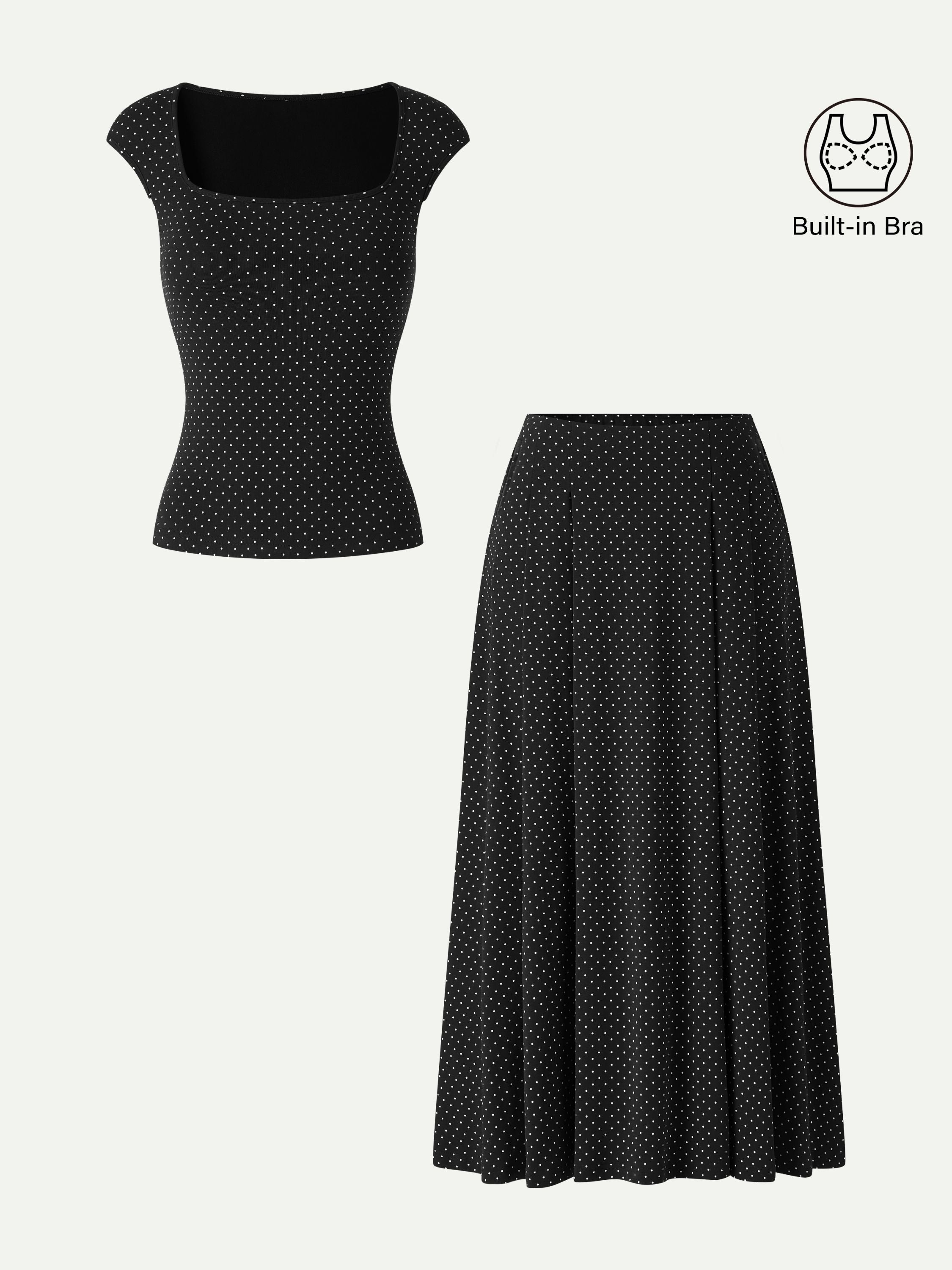 OGLmove Square Neck Bra Top and Midi Skirt Set with Pockets