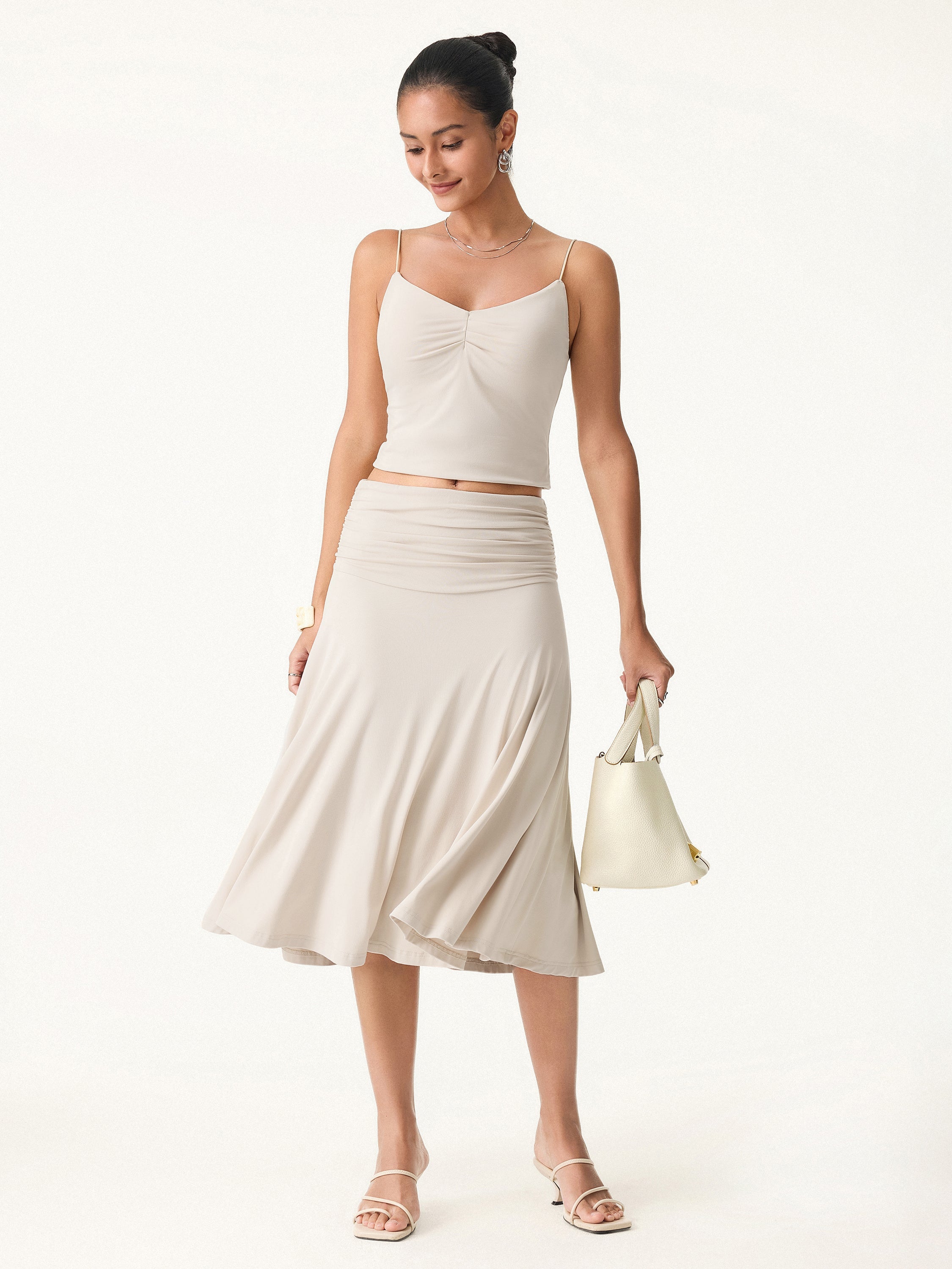 OGLmove Flowy Side Ruched A-Line Midi Skirt