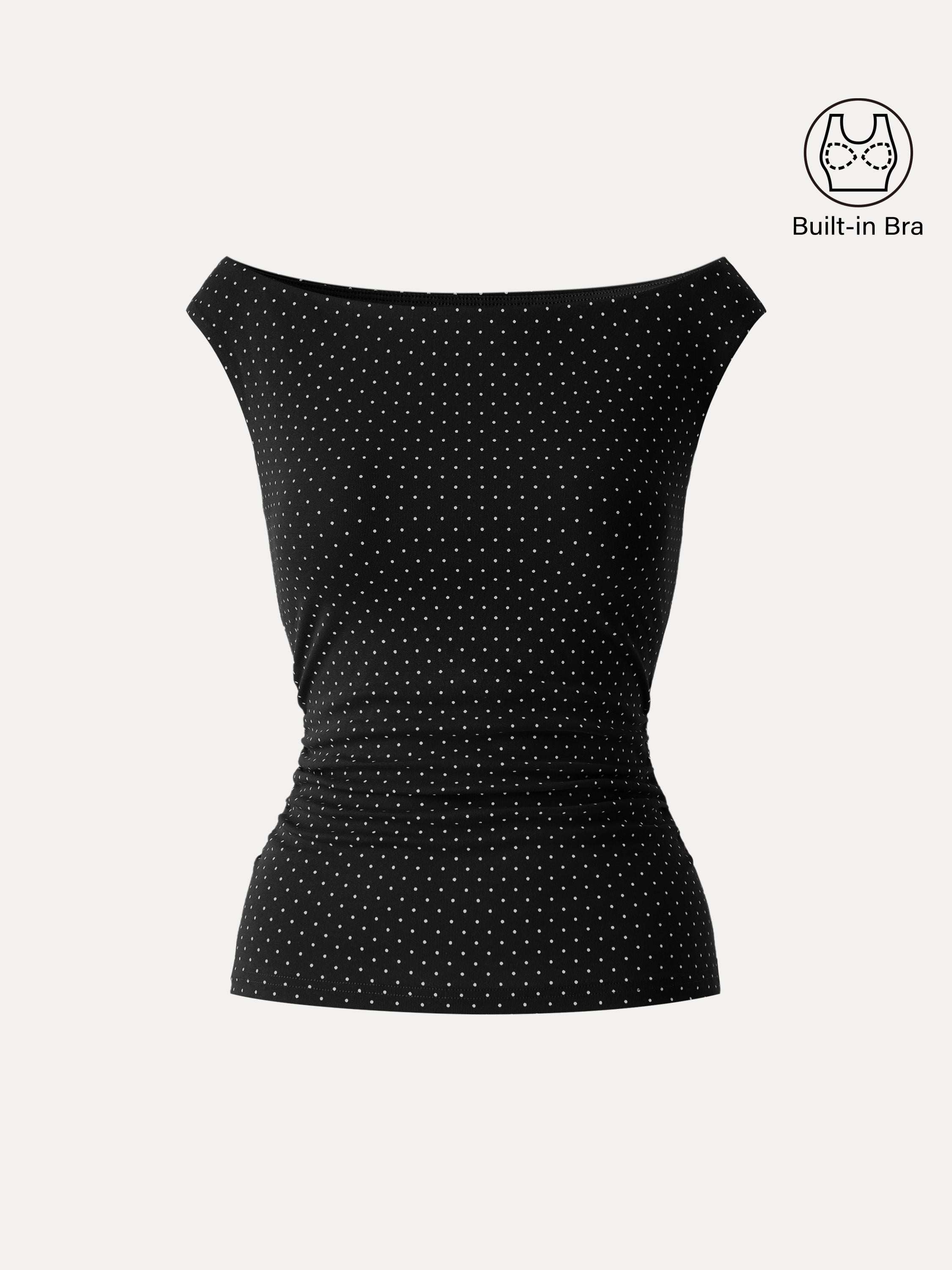 OGLmove Stretch Cotton Polka Dot Boatneck Ruched Bra Top