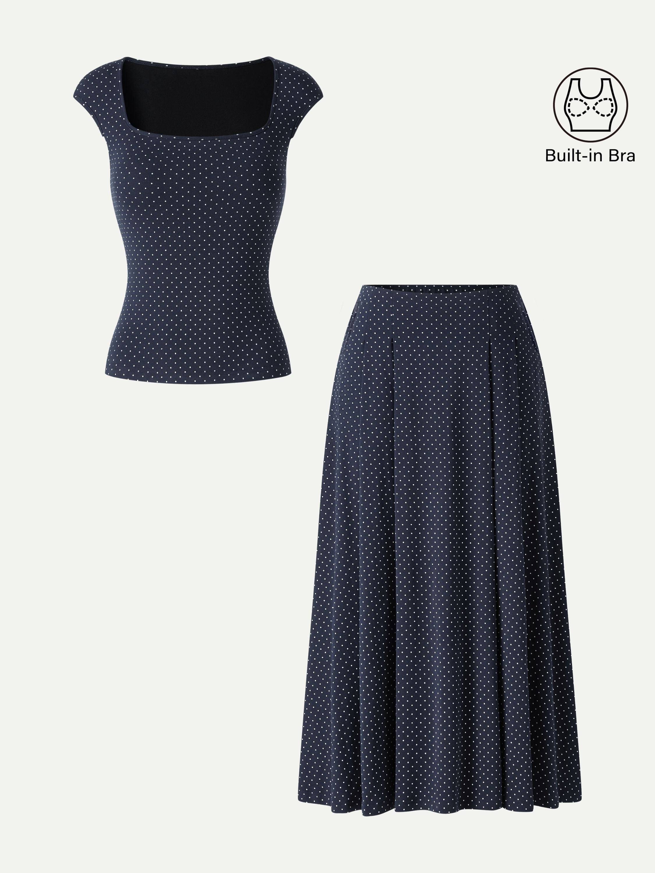 OGLmove Square Neck Bra Top and Midi Skirt Set with Pockets