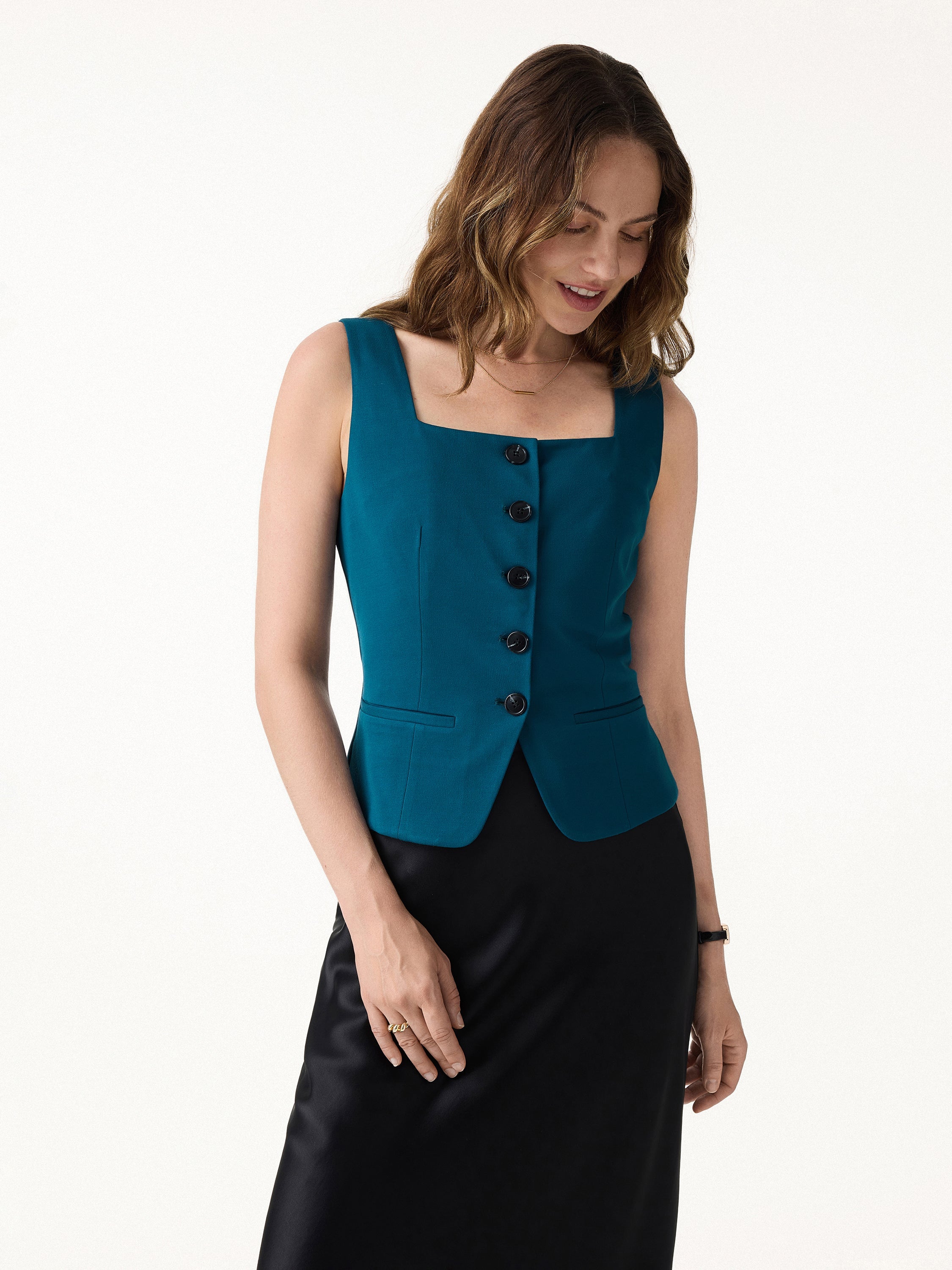 OGLmove Stretch Ponte Square Neck Cropped Waistcoat with Pockets