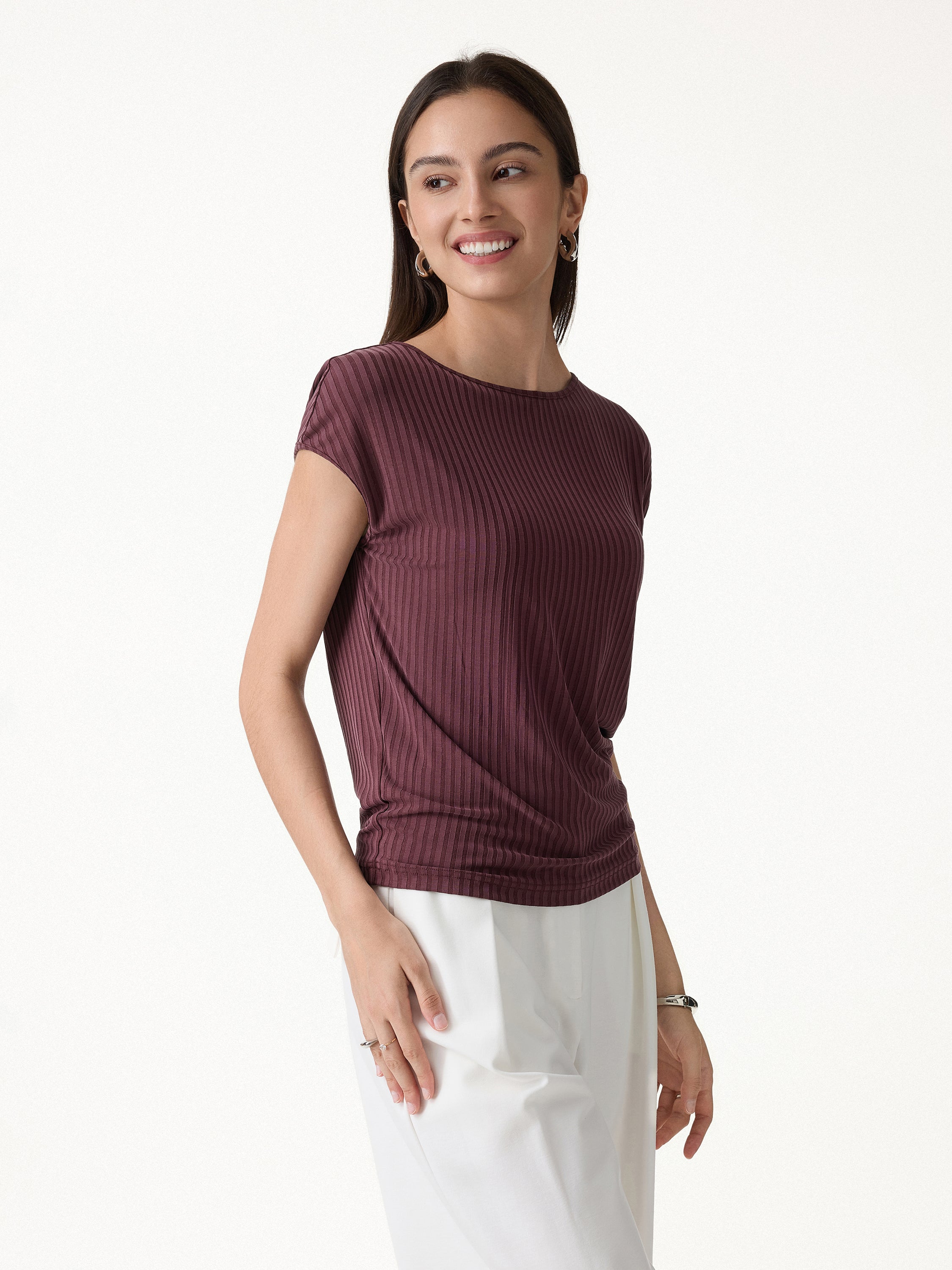 OGLmove Wrinkle-Free Ultra-Soft Boatneck Cap Sleeve Ribbed Top