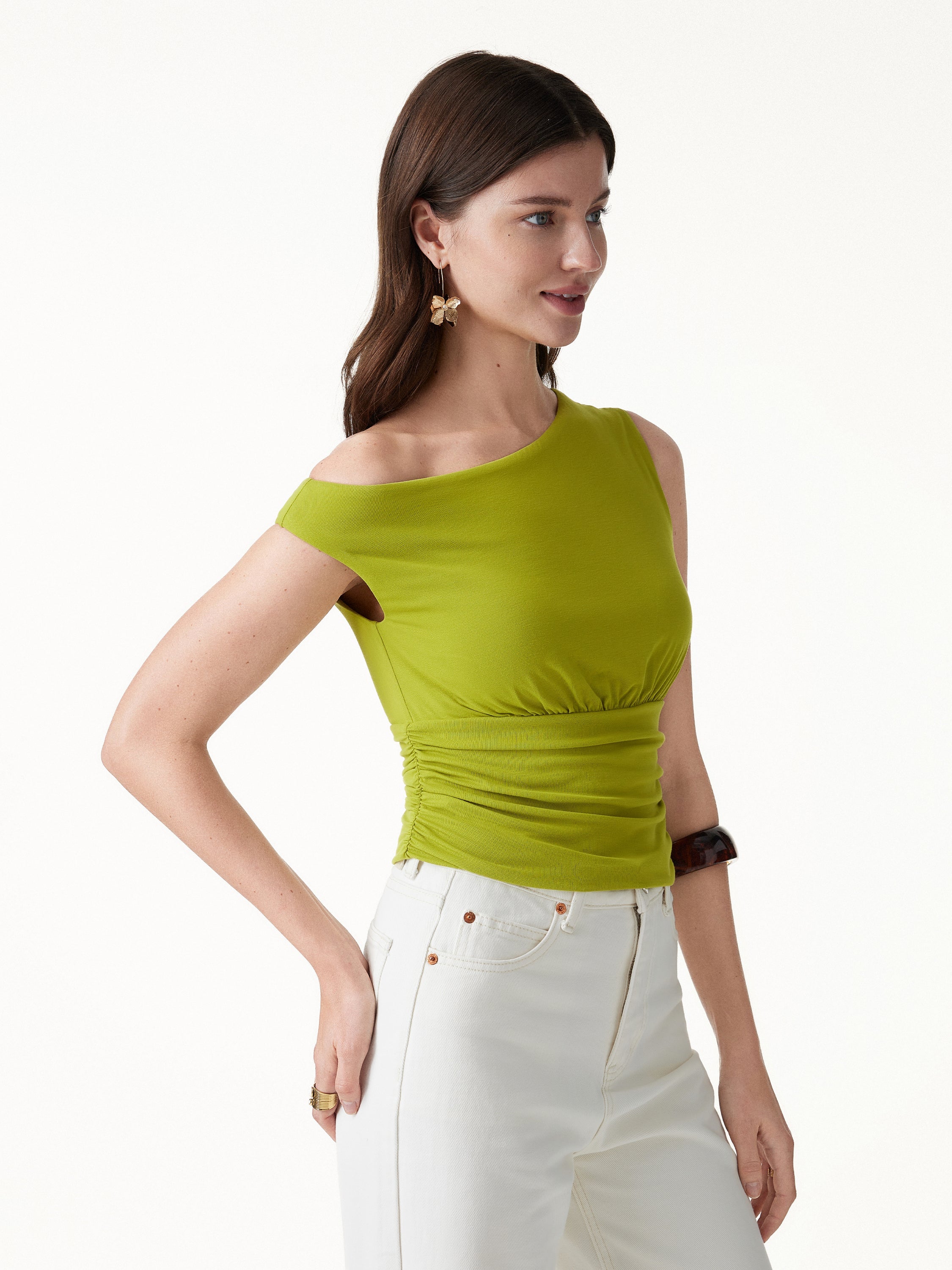 OGLmove Women's Asymmetrical Neck Cropped Ruched Bra Top