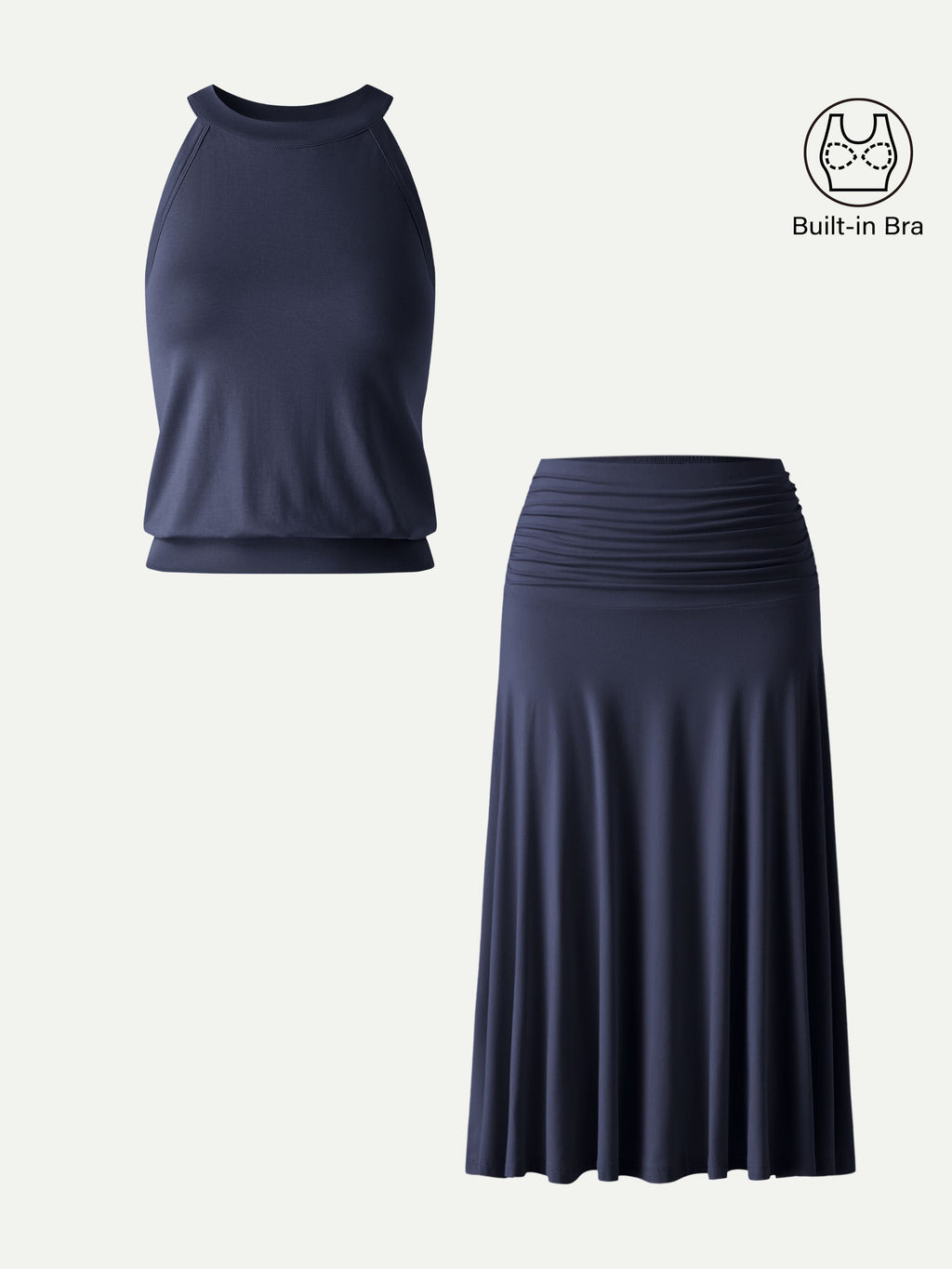 OGLmove Women's Halter Neck Bra Top & A-Line Midi Skirt 2-Piece Set