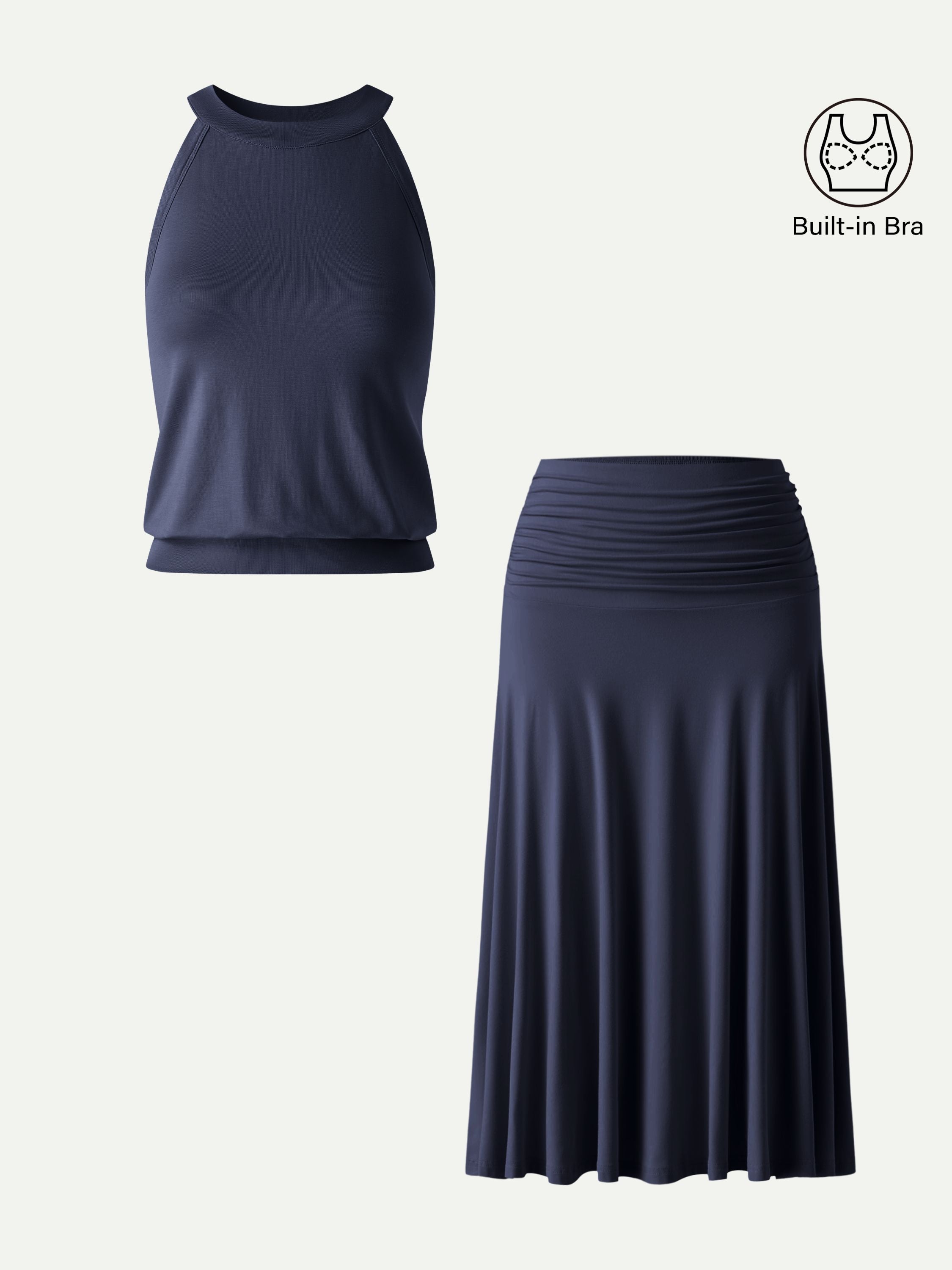 OGLmove Women's Halter Neck Bra Top & A-Line Midi Skirt 2-Piece Set