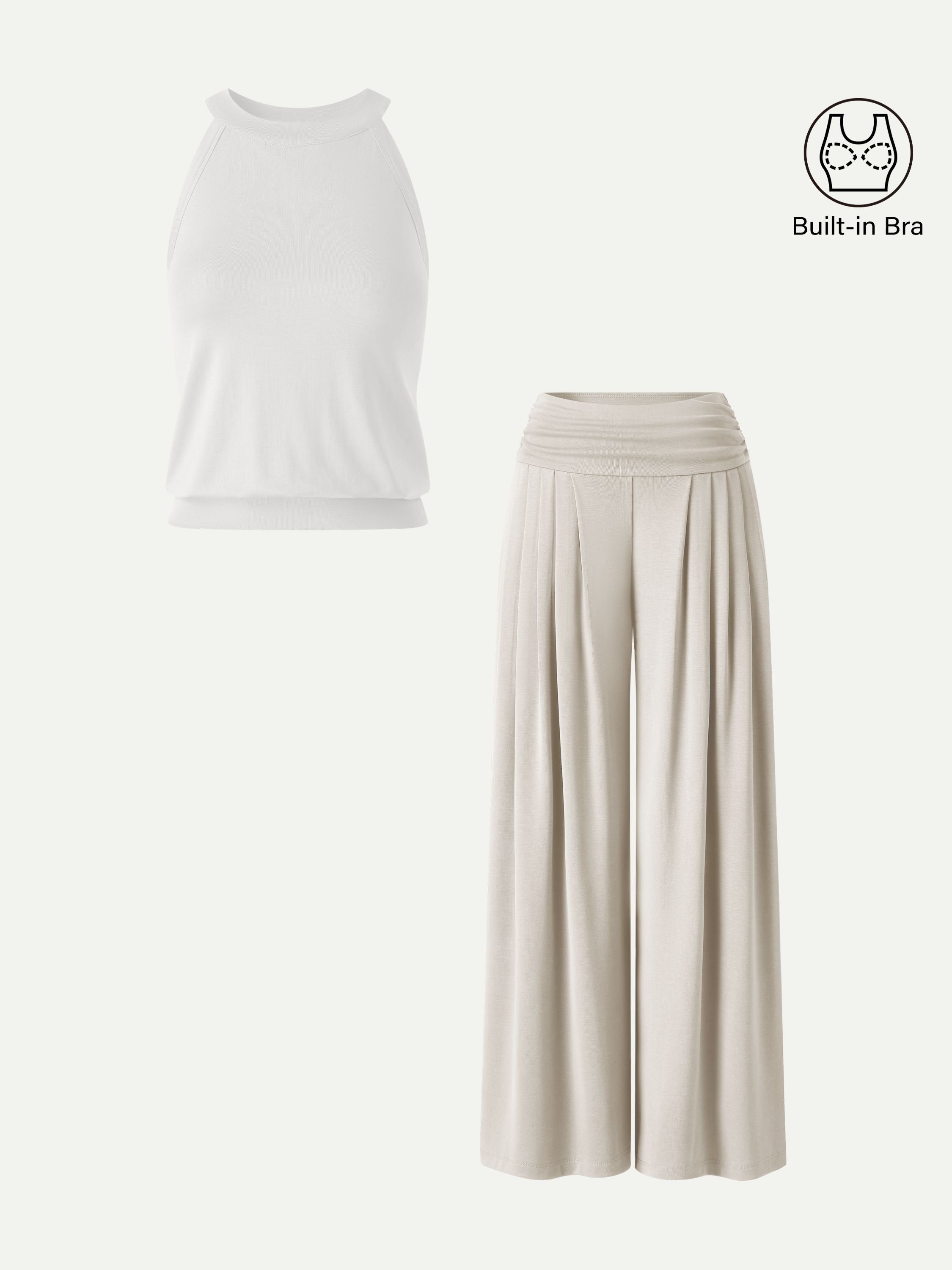 OGL 2-Piece Halter Neck Bra Tank & Tucked Pants with Pockets Set