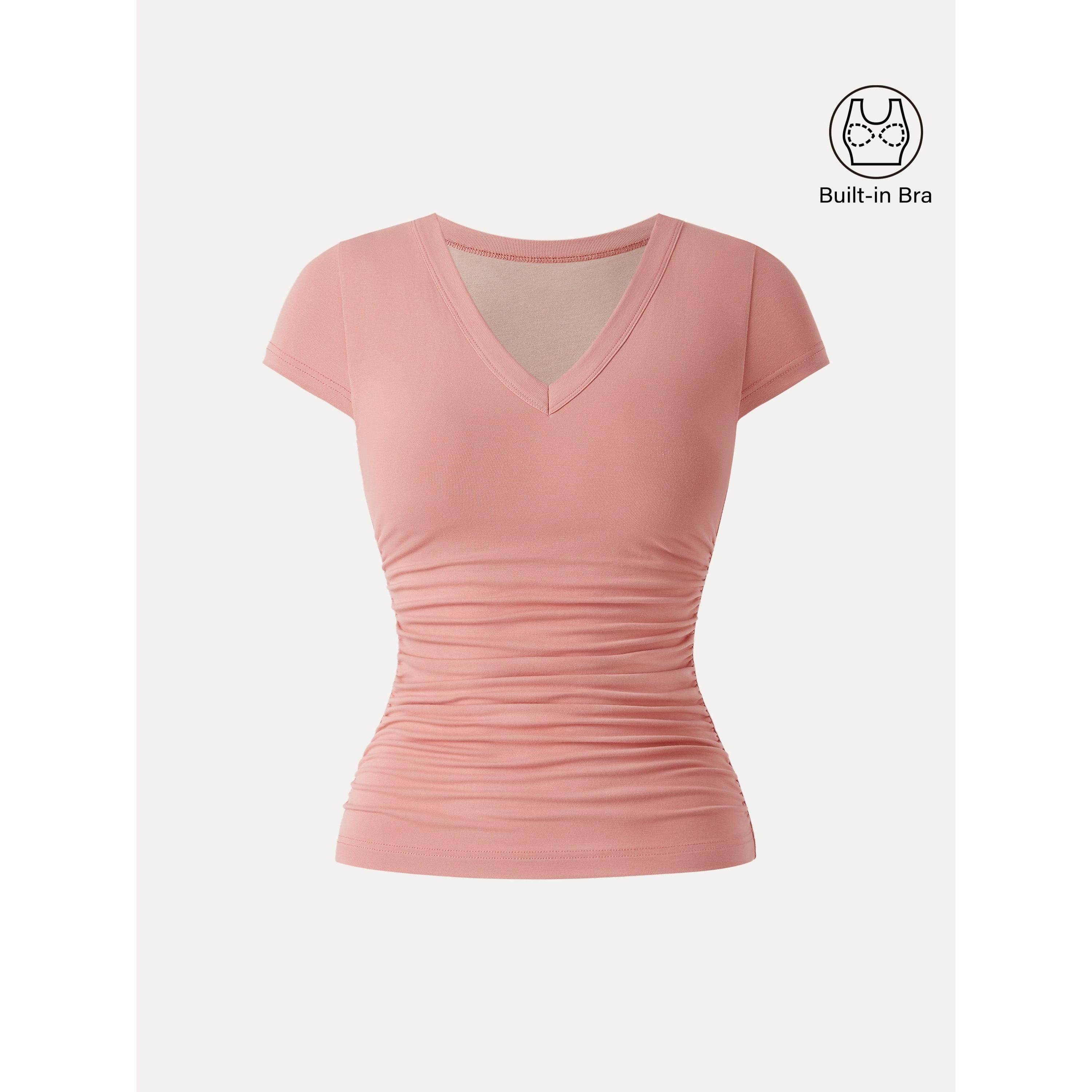 OGLmove Women's V-Neck Side Ruched Cap Sleeve Bra Tee
