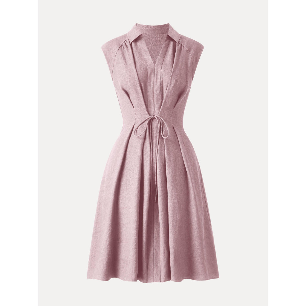 OGLmove Viscose-Linen Collared V-Neck Midi Dress with Drawstring