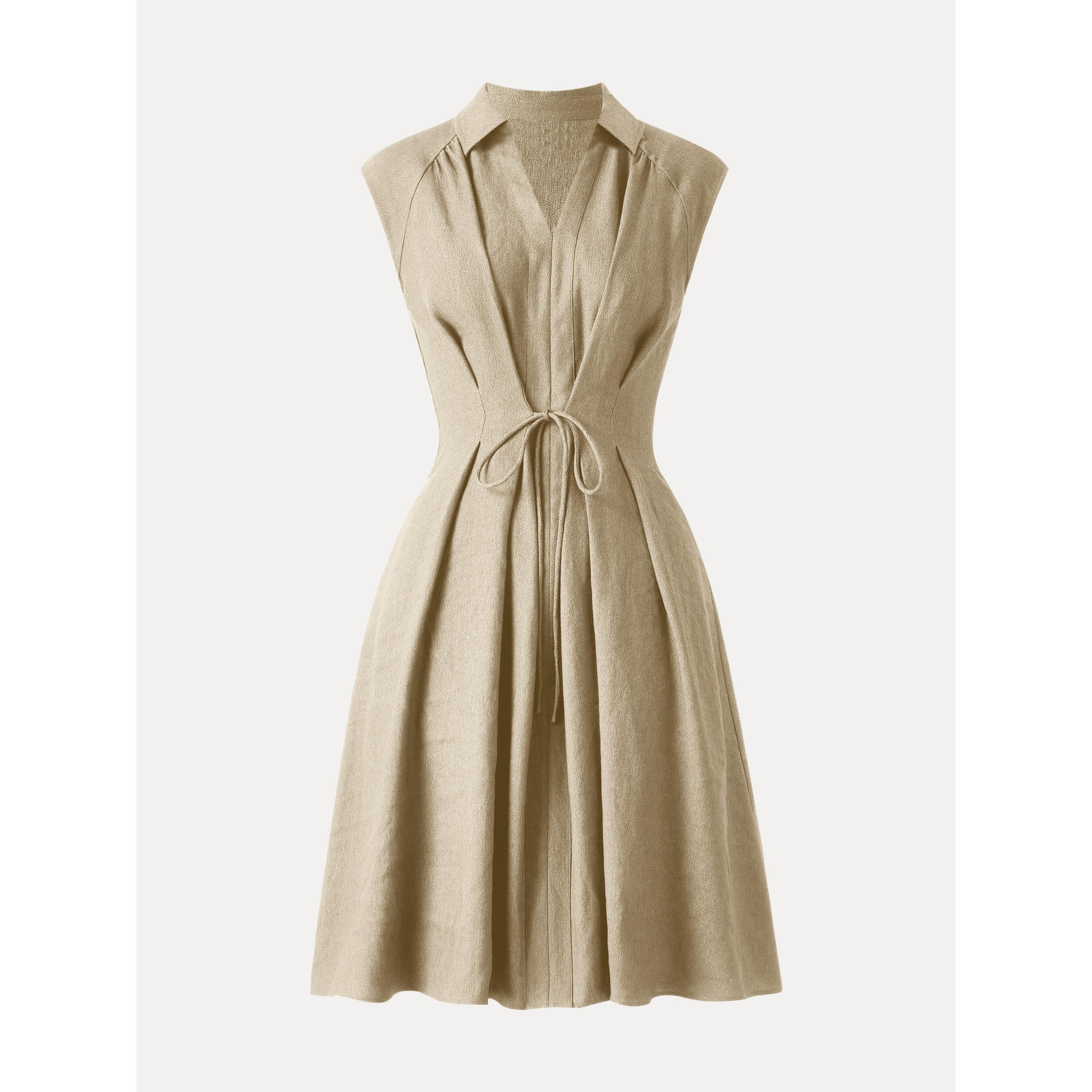 OGLmove Viscose-Linen Collared V-Neck Midi Dress with Drawstring