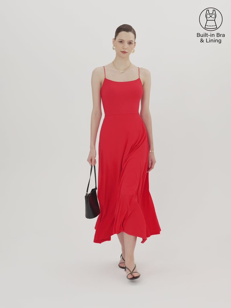 OGLmove Women's Square Neck Spaghetti Open Back Midi Bra Dress with Pockets