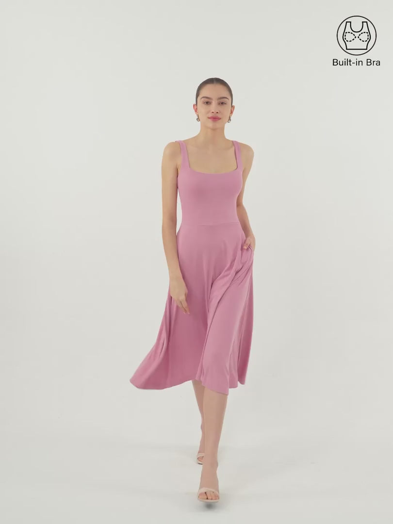 OGLmove Square Neck Flowy New Airy Bra Midi Dress