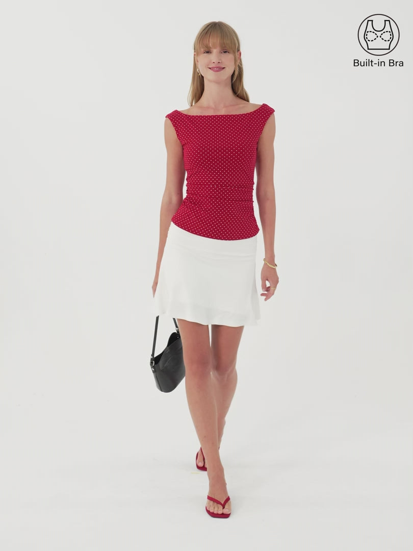 OGLmove Stretch Cotton Polka Dot Boatneck Ruched Bra Top