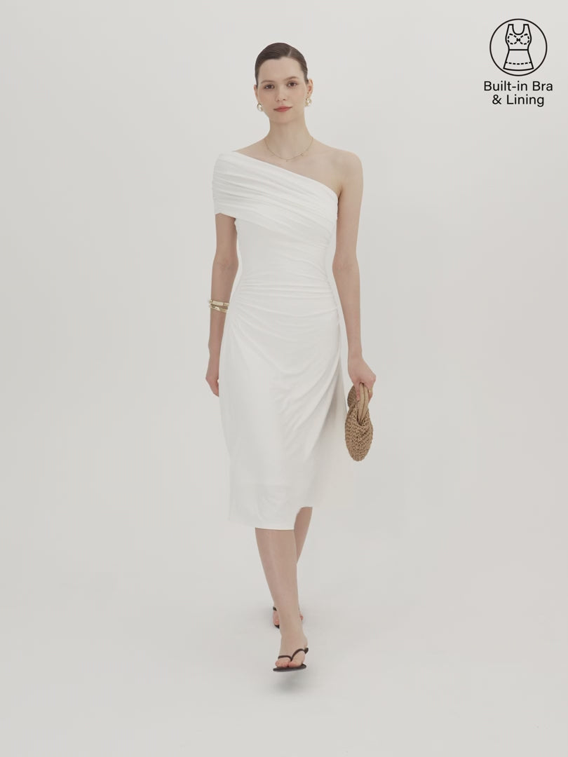 OGLmove Not-See-Thru One Shoulder Gathered Midi Bra Dress