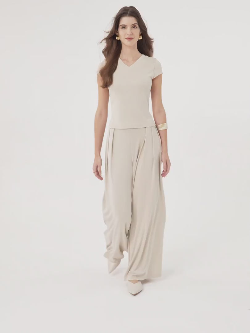 OGLmove Sandwashed Mid Rise Pleated Wide Leg Palazzo Pant with Pockets