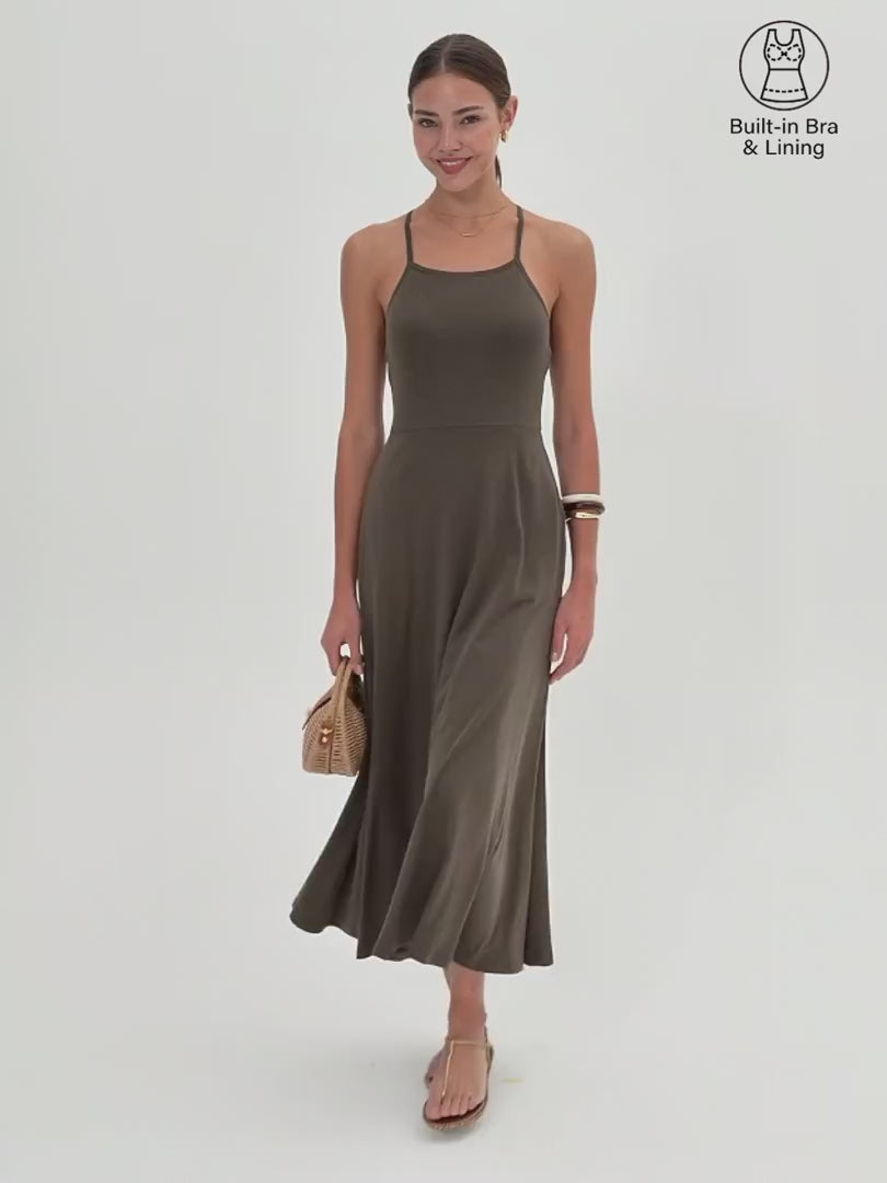 OGLmove Soft Linen Knit Spaghetti Midi Bra Dress