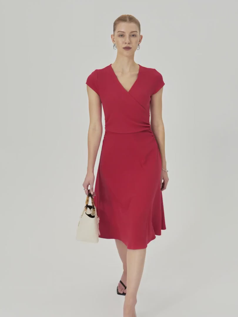 OGLmove Stretch Cotton Surplice V-Neck Cap Sleeve Midi Dress