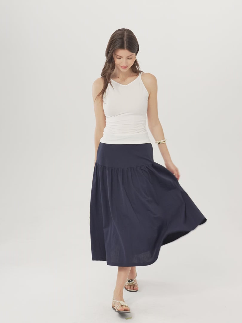 OGLmove Cotton-Linen Gathered Midi Skirt with Pockets