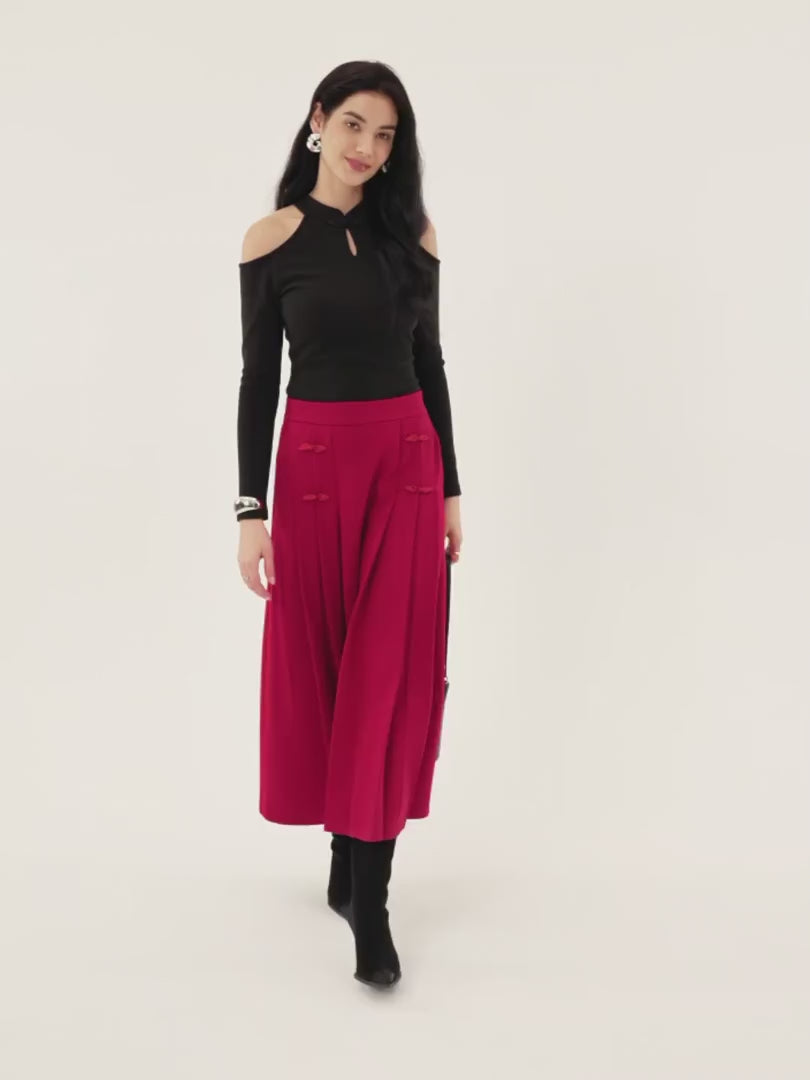 OGLmove Pleated Frog Button Decor A-Line Midi Skirt