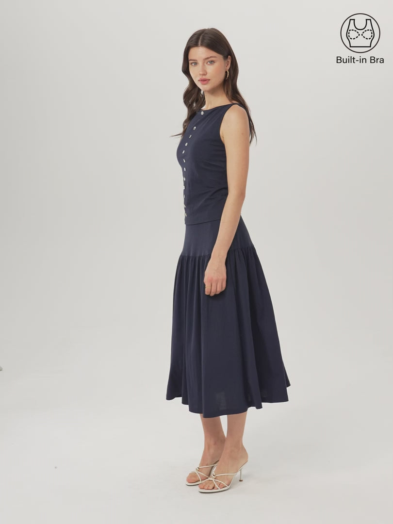 OGLmove 2Pcs Set Cropped Bra Top & Midi Skirt with Pockets