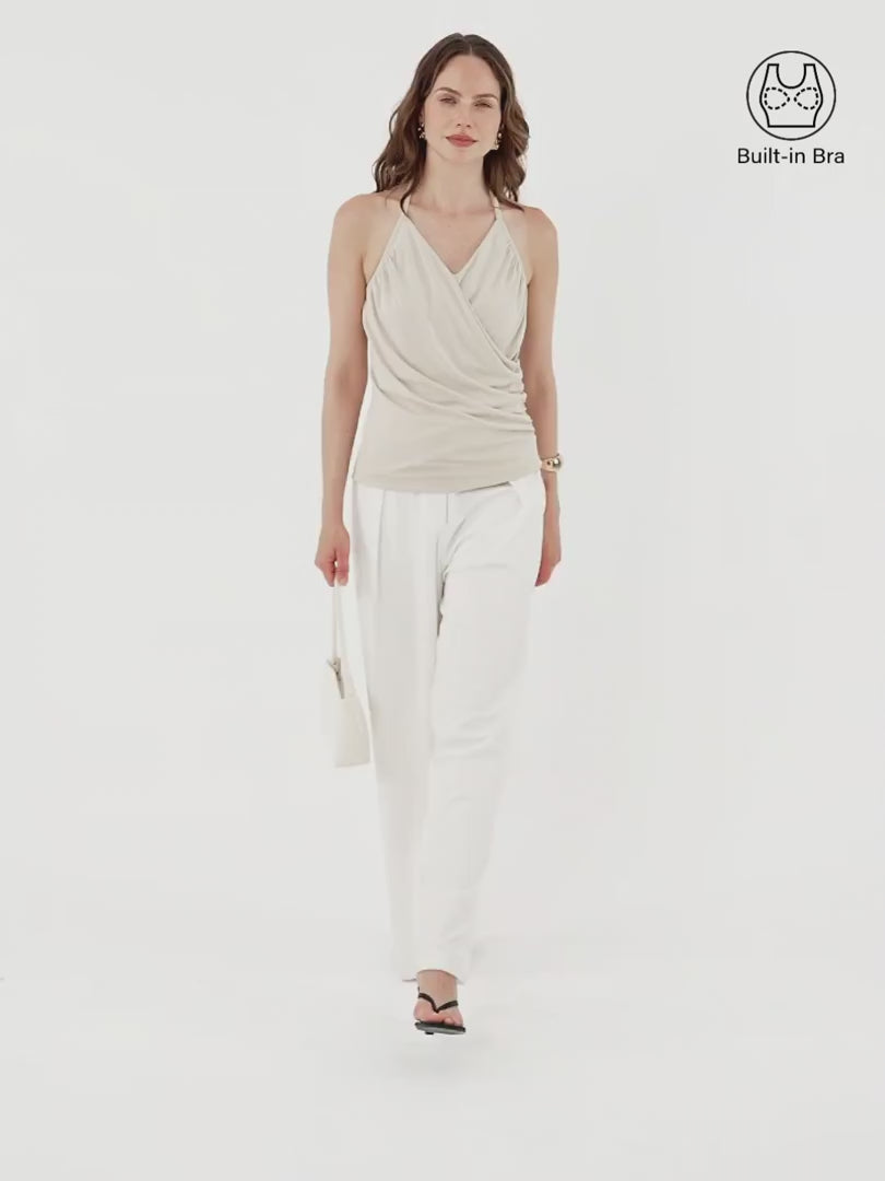 OGLmove Modal Halter Neck Surplice Ruched Bandless Bra Top