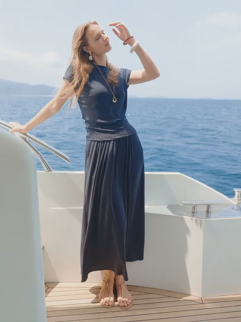 OGLmove Round Neck Top & A-Line Maxi Skirt Set with Pockets