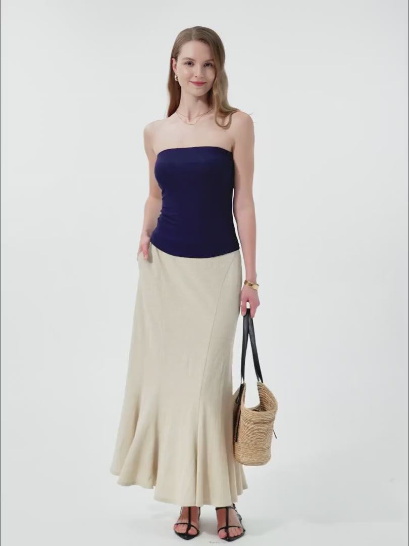OGLmove Wrinkle-Resistant Cotton-Linen Pull-On Midi Skirt