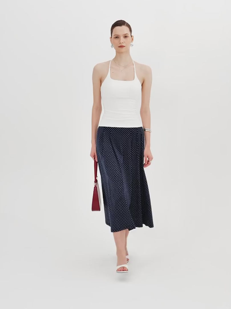 OGLmove Stretch Cotton Polka Dot A-Line Flare Midi Skirt with Pockets