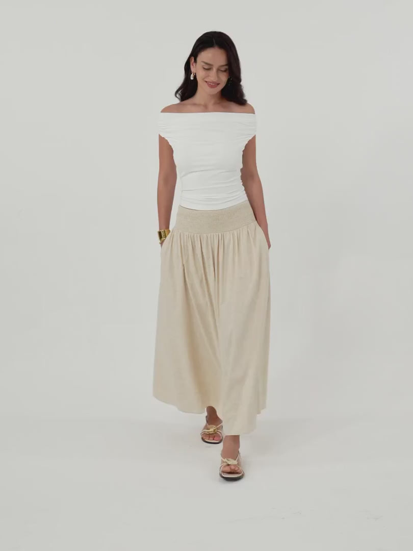 OGLmove European Linen Smocked Waist Skirt With Pockets