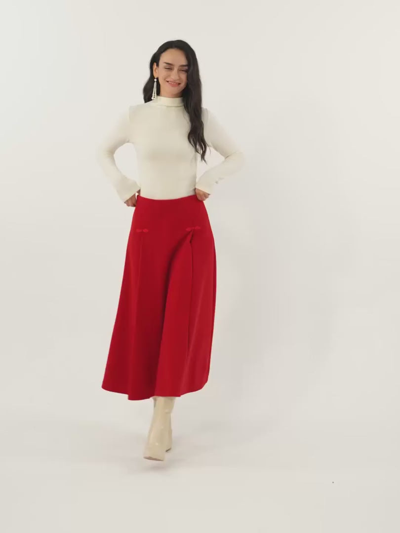 OGLmove Wool-Like Frog Button A-Line Midi Skirt
