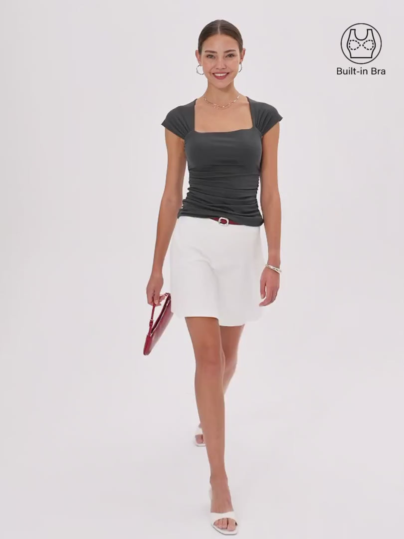 OGLmove Women's Cool-Touch Square Neck Cap Sleeve Ruched Bra Top