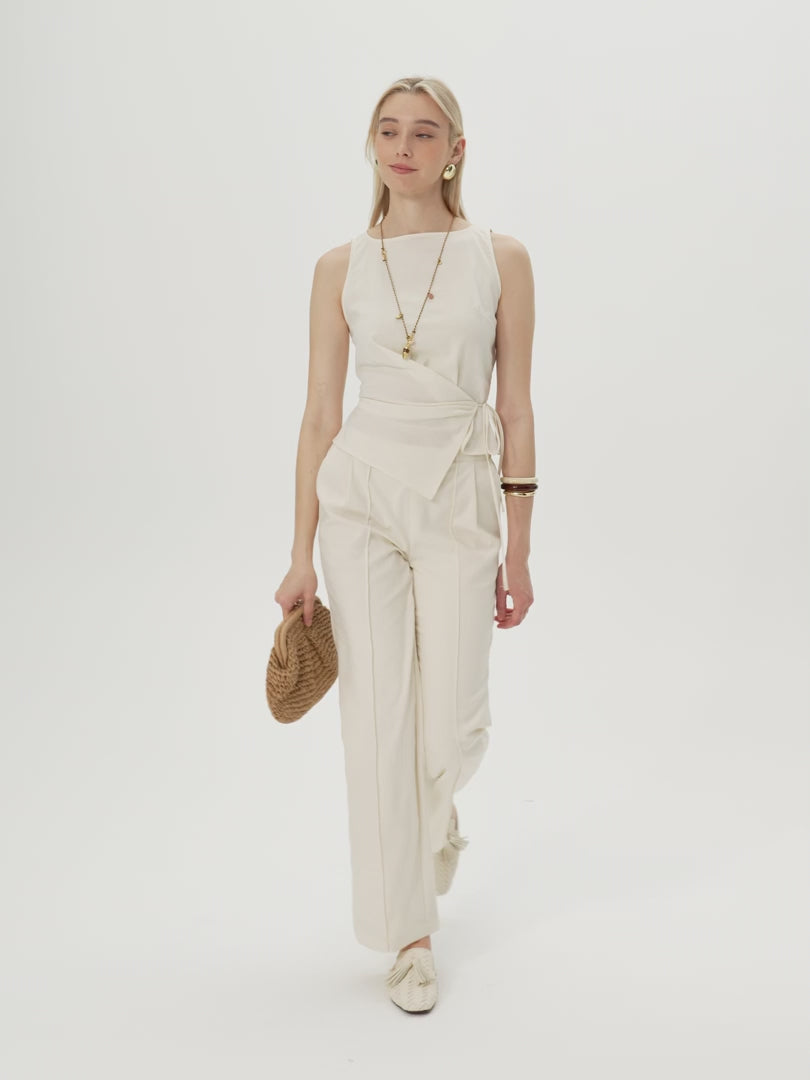 OGLmove Lyocell-Linen Blend Boatneck Waist-Defined Top