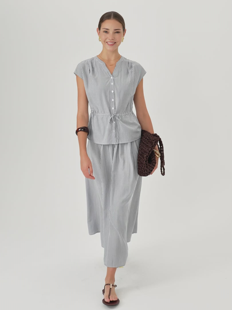 OGLmove Women's 2-Piece Set Drawstring Waist Poplin Shirt & High Rise Midi Skirt with Pockets