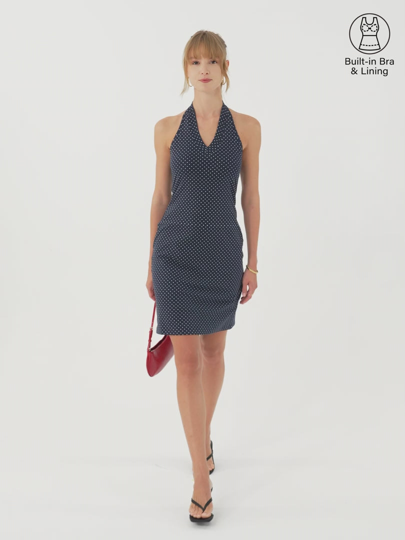 OGLmove Soft Stretch Cotton Halterneck Polka Dot Mini Bra Dress