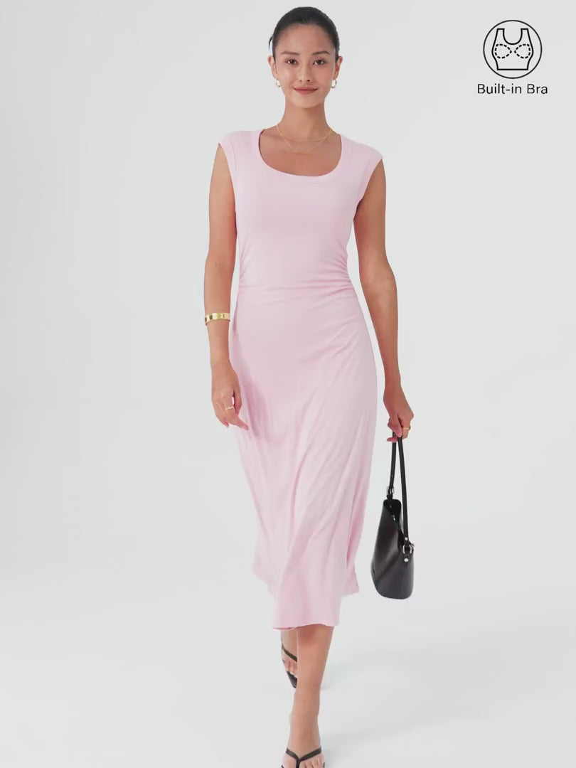 OGLmove Scoop Neck Side Ruched Airy Bra Midi Dress