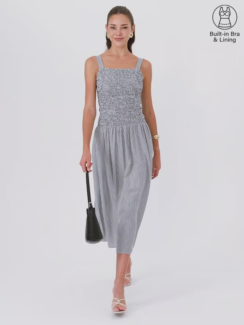 OGLmove Striped Poplin Square Neck Smocked Midi Bra Dress