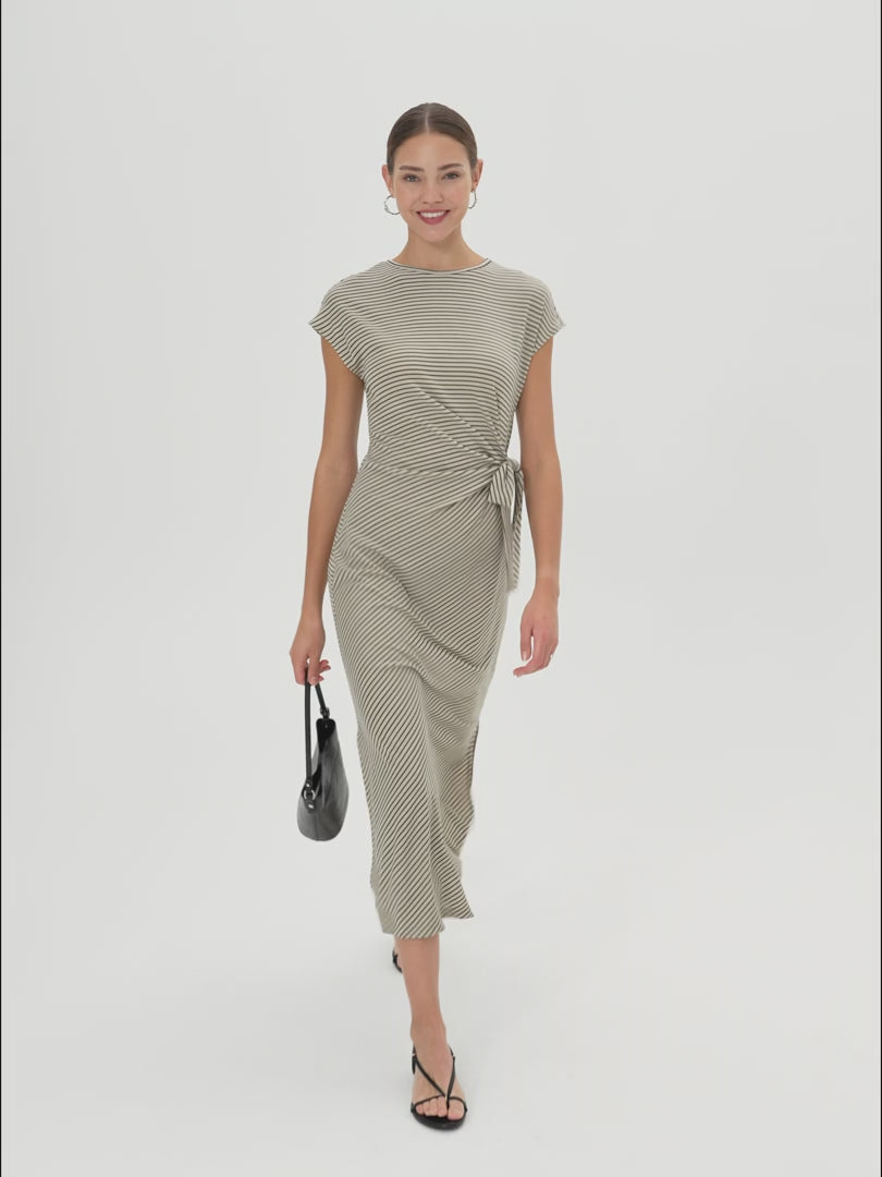 OGLmove Striped Relaxed Midi Dress with Self-Tie