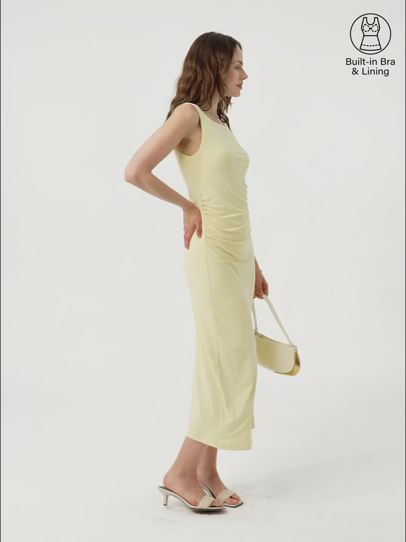 OGLmove Women's Boatneck Ruched Midi Bra Dress