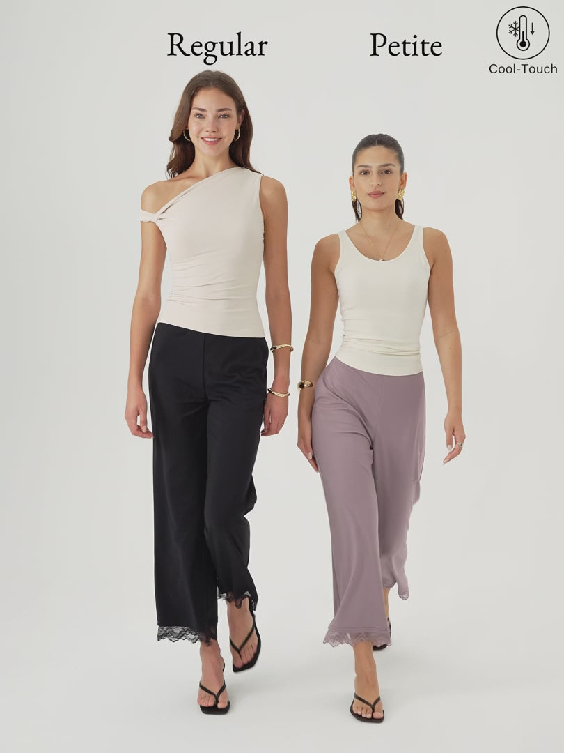 OGLmove Lace Trim Draped Mid Rise Wide Leg Pants with Pockets