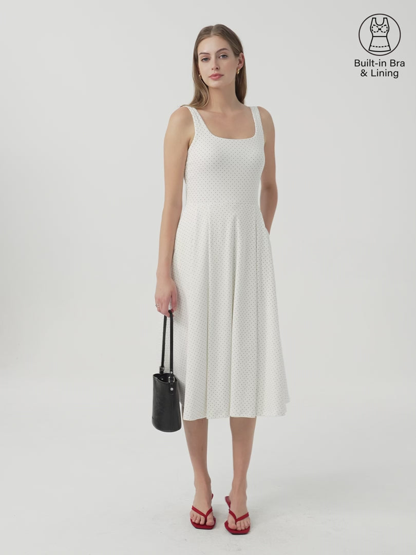 OGLmove Women's Stretch Cotton Square Neck Midi Bra Dress with Pockets