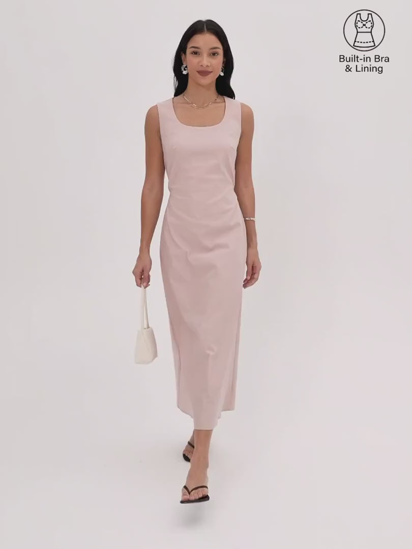 OGLmove Linen Blend U-Neck Maxi Dress with Pockets