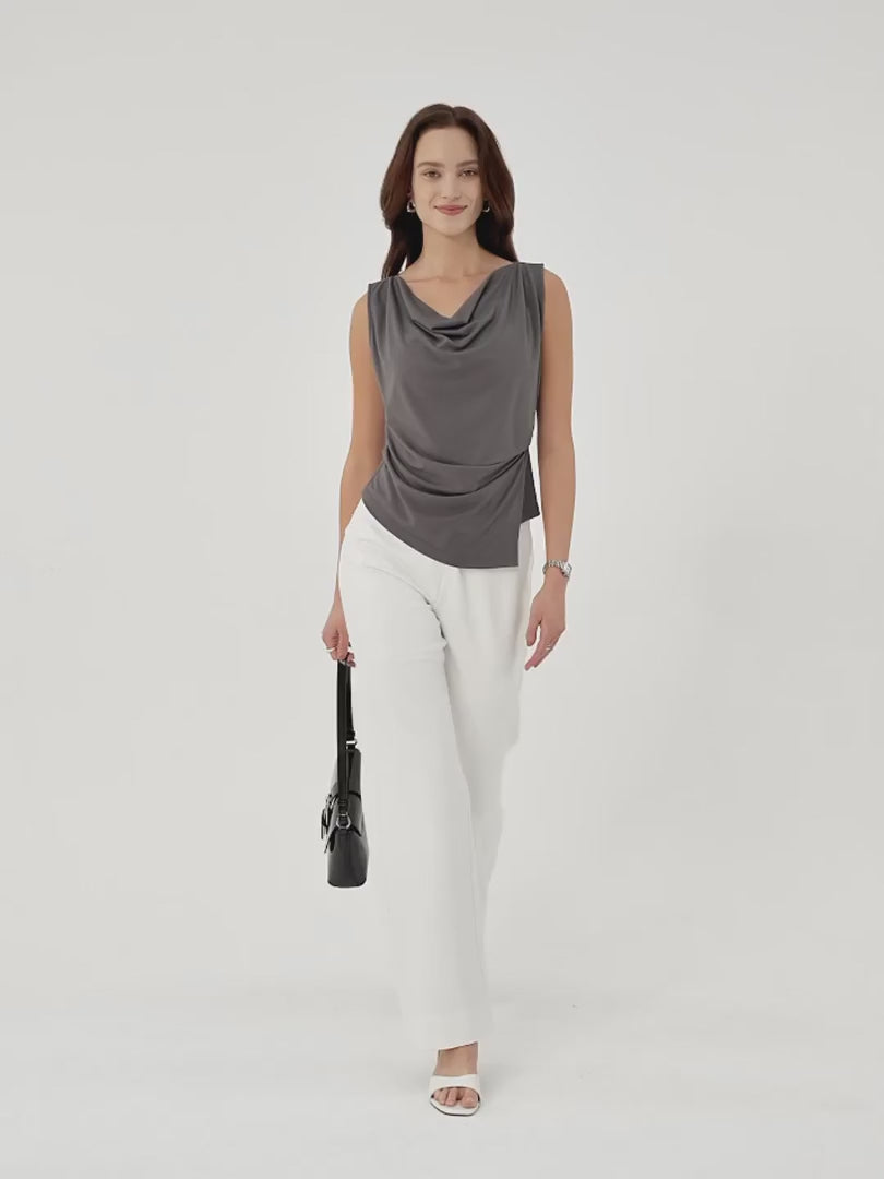 OGLmove Cowl Neck Asymmetrical Tucked Sleeveless Top