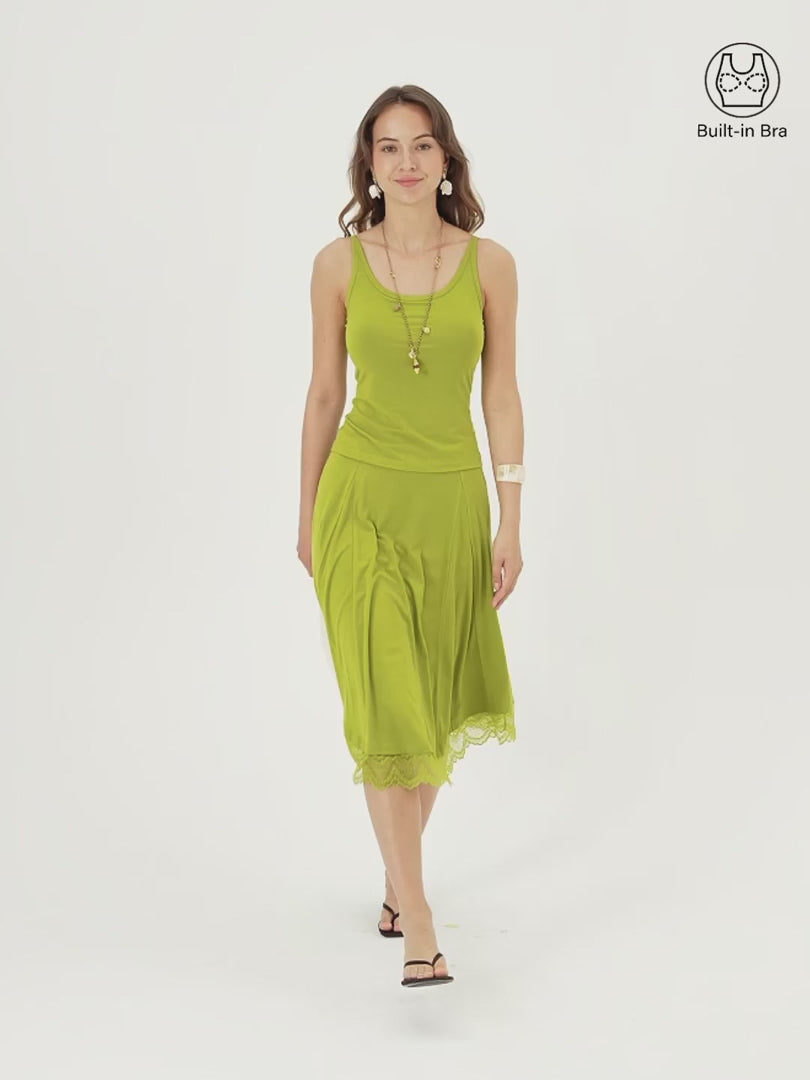 OGLmove Scoop Neck Bra Top & Lace Trim Midi Circle Flare Skirt 2-Piece Set