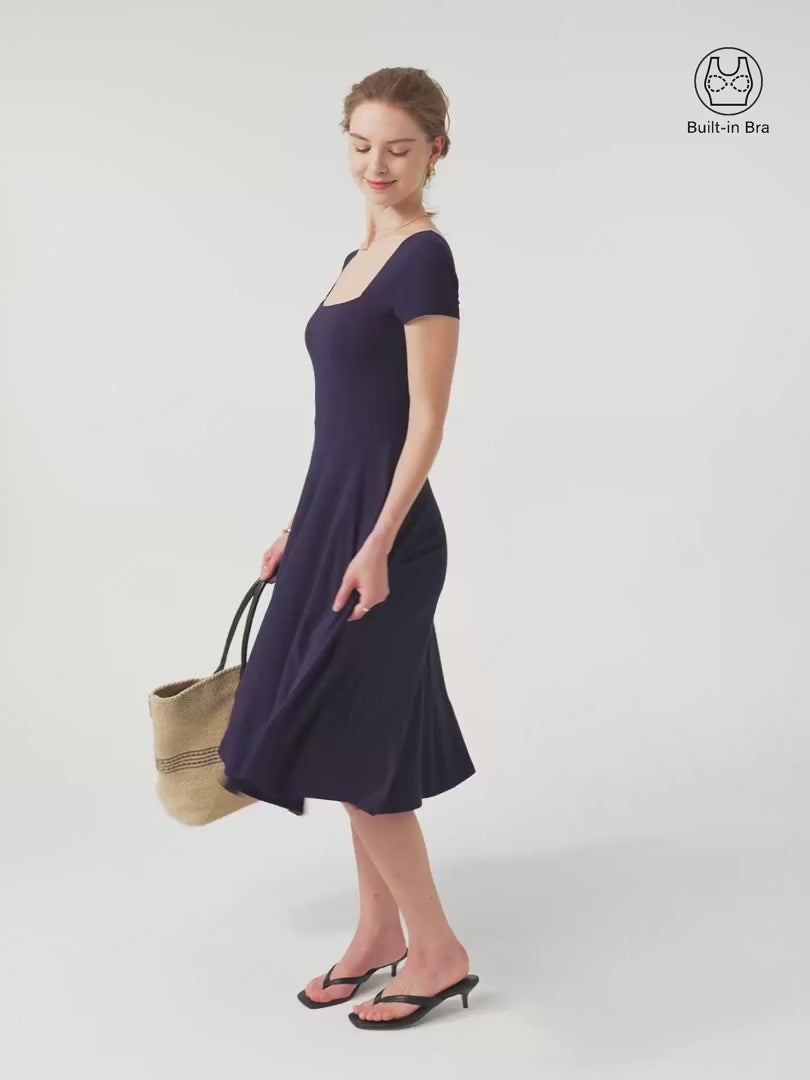 OGLmove Women's Flowy Square Neck Short Sleeve Midi Bra Dress